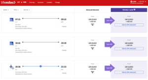 Screenshot showing LifeMiles award pricing from Charlotte to Newark