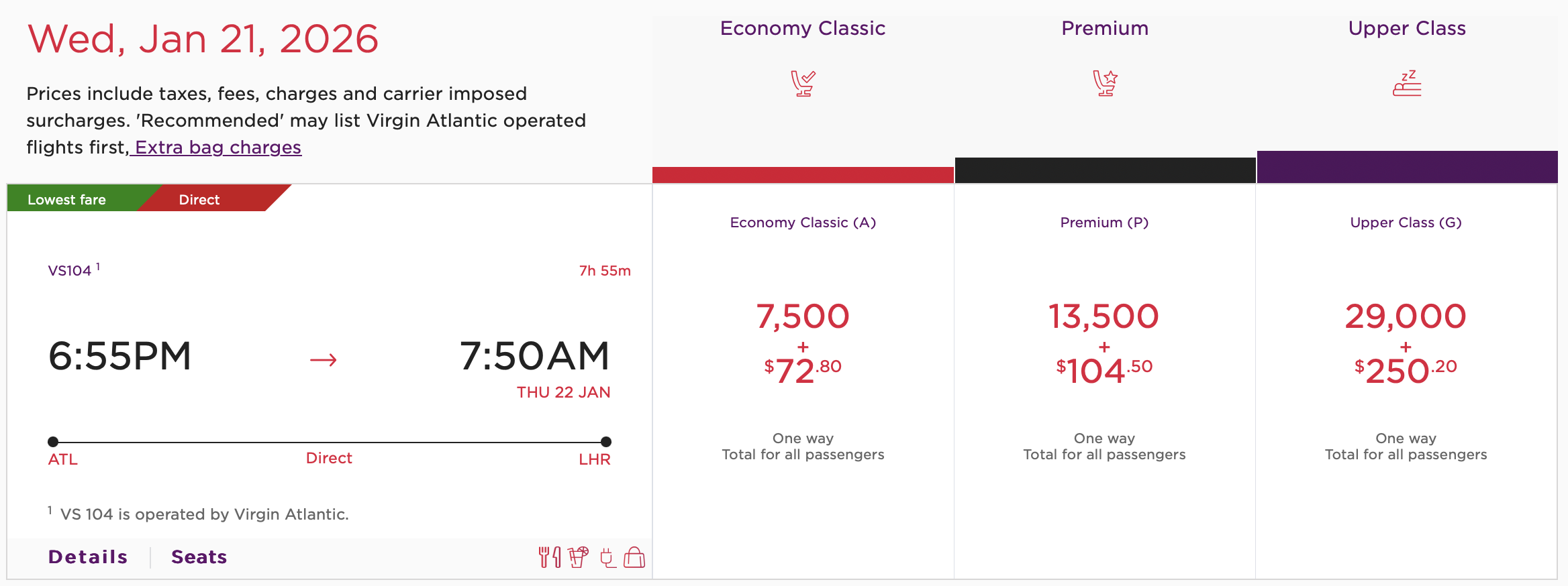 Virgin Atlantic award from ATL to LHR