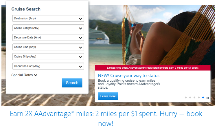 A screen shot from AA cruises shows a search page