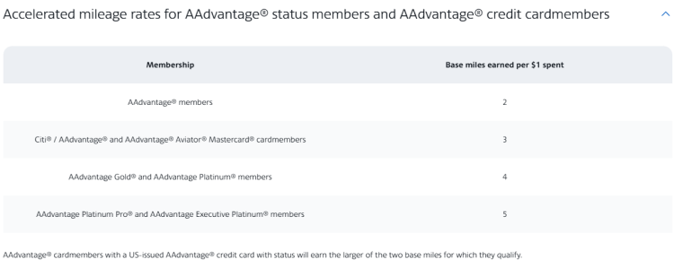 A screen shot shows the earning rates members can expect when earning a car through American Airlines.