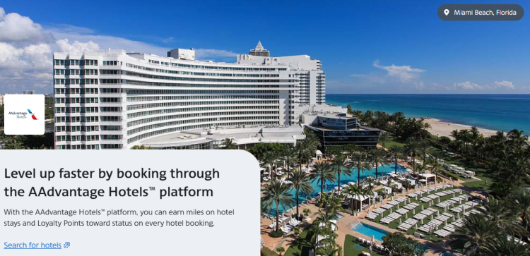 A screen shot shows information about using Aadvantage Hotels to earn AA miles when booking hotels.