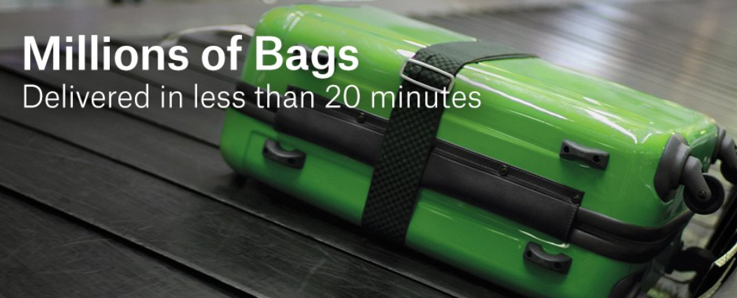 A screen shot shows a green suitcase with writing that says Millions of bags Delivered in 20 minutes