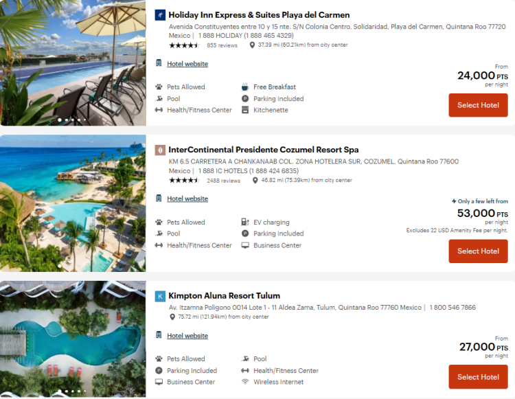A screenshot shows options for booking a hotel stay in Cancun with IHG points