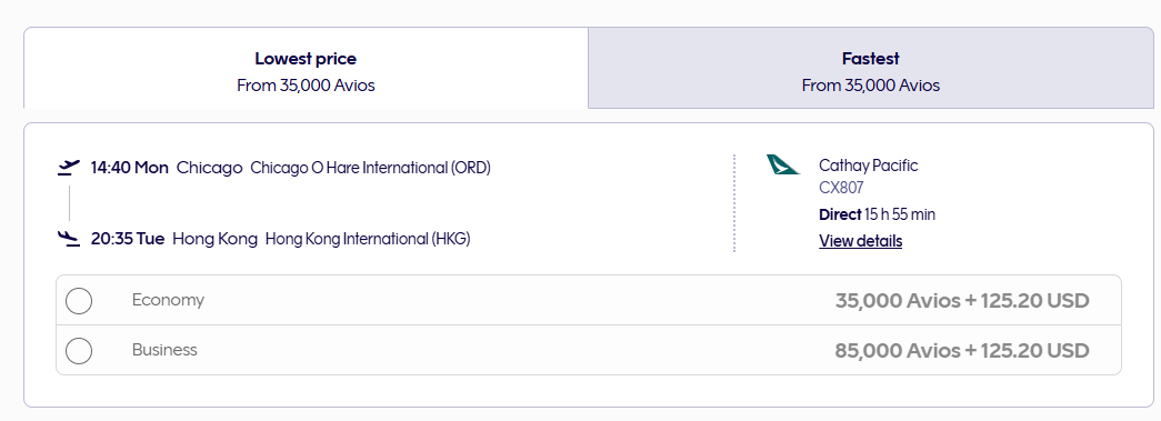 A screenshot of an award flight on Finnair from Chicago to Hong Kong on Cathay Pacific