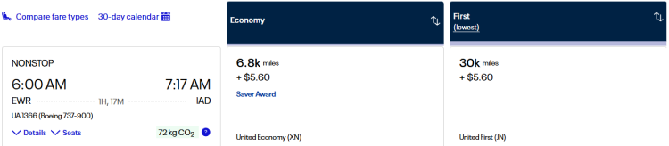 A booking screen for United shows a saver fare for a flight from EWR to IAD