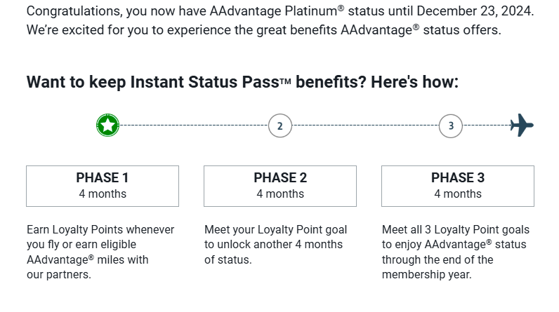 A screenshot from an email from American Airlines which shows the recipient has been granted Platinum status.
