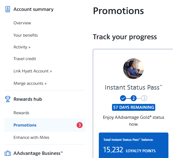 A screen shot shows the tracker in American Airlines where you can track your loyalty points earned towards Instant status Pass