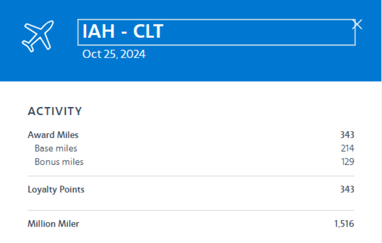 A screen shot shows the earned miles on an AA flight.