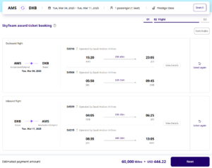 Korean Skypass award example from AMS-DXB in business class for 60,000 miles