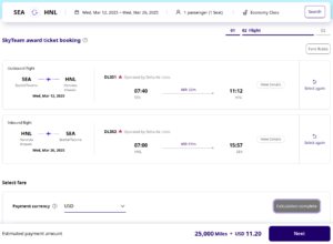 Screenshot of Korean Airlines Skypass award from SEA-HNL