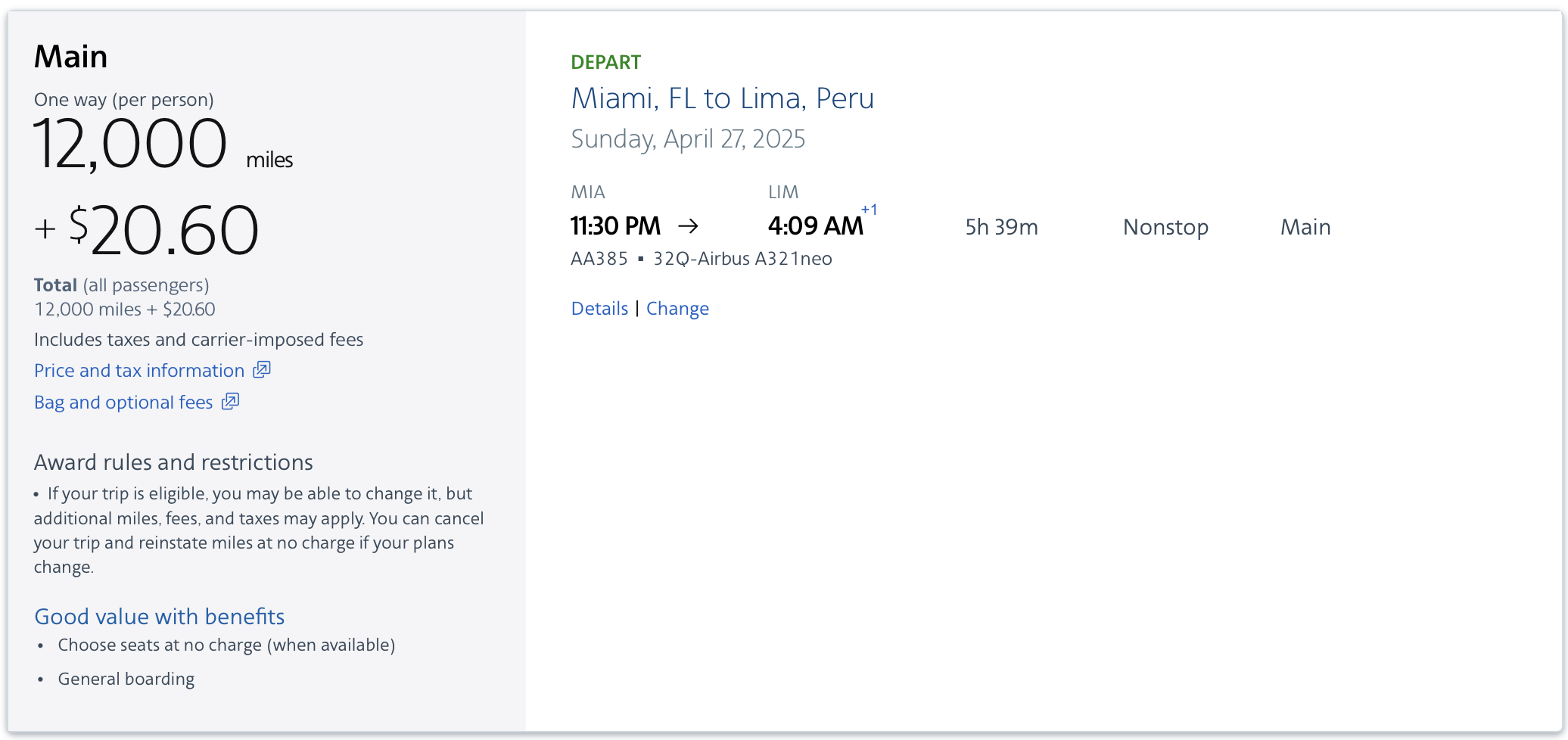 American Airlines award from MIA to LIM.