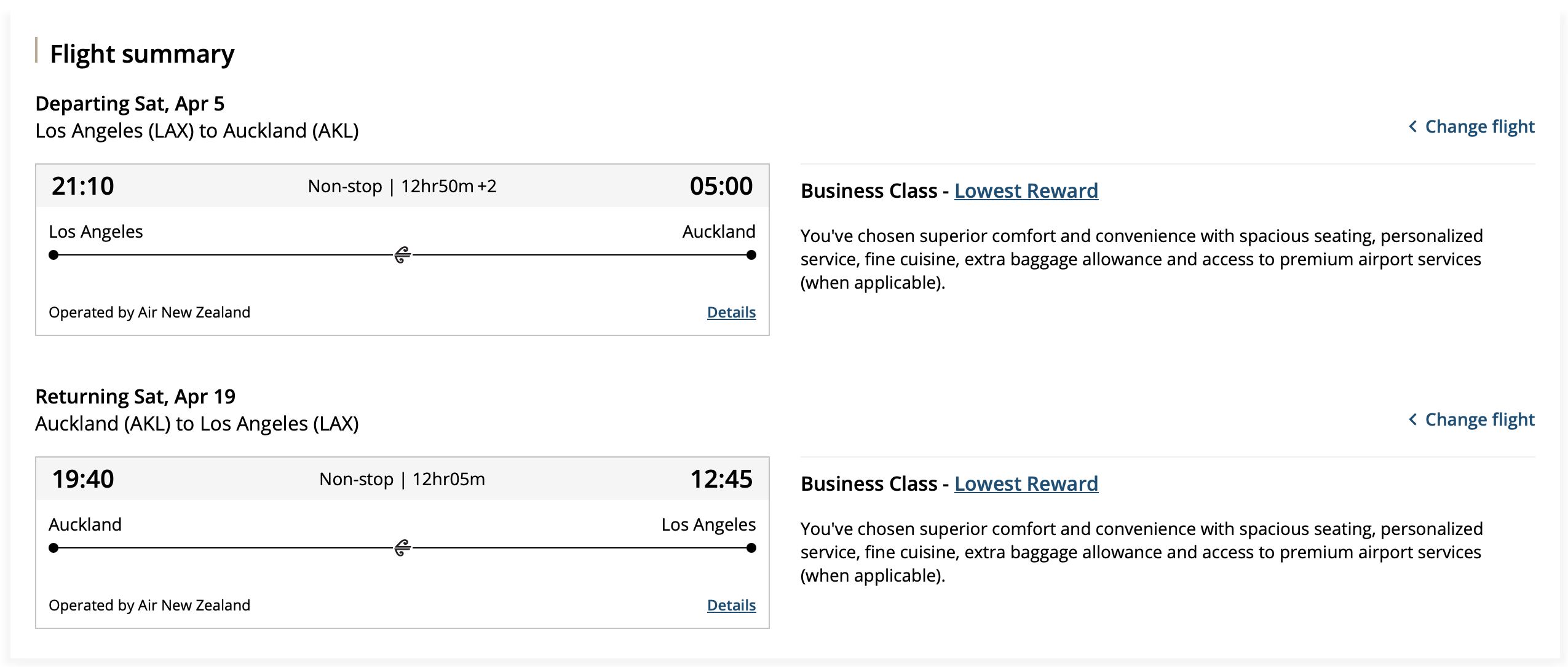 Round-trip Air New Zealand business class award for 150k points.