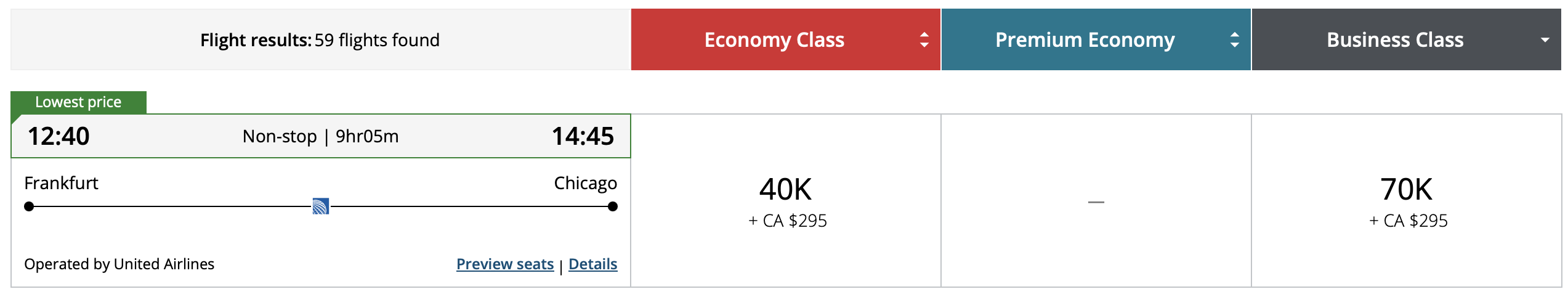 United business class award for 70k Aeroplan points.