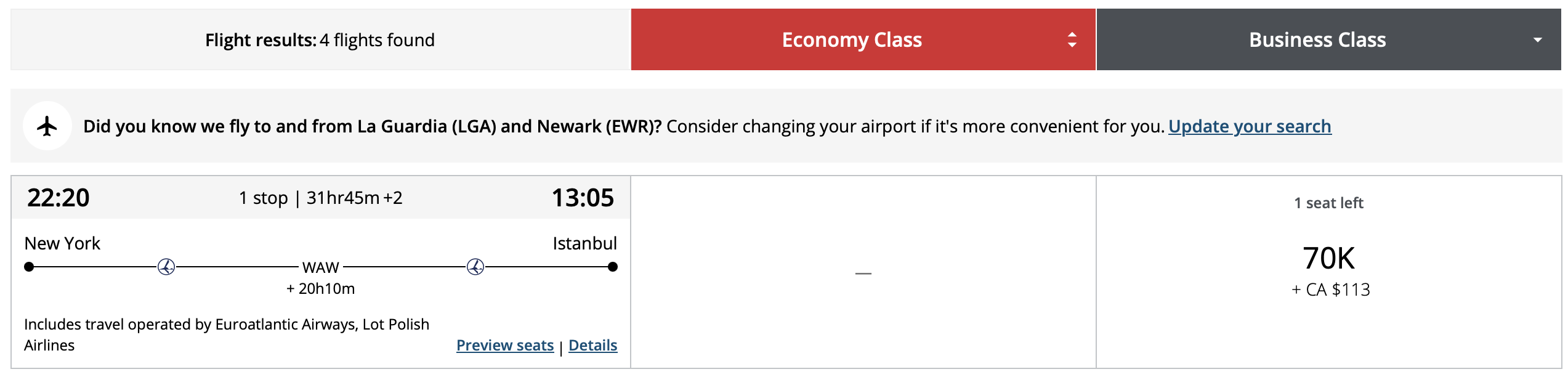 LOT business class award for 70k Aeroplan points.