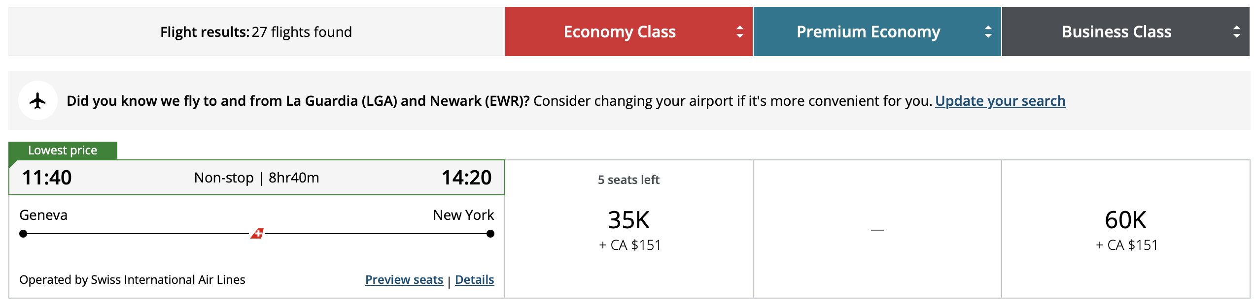 Swiss business class award for 60k Aeroplan points.
