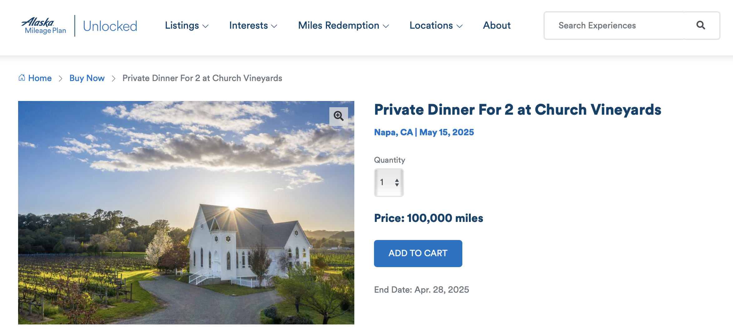 Private Dinner For 2 at Church Vineyards via Mileage Plan Unlocked