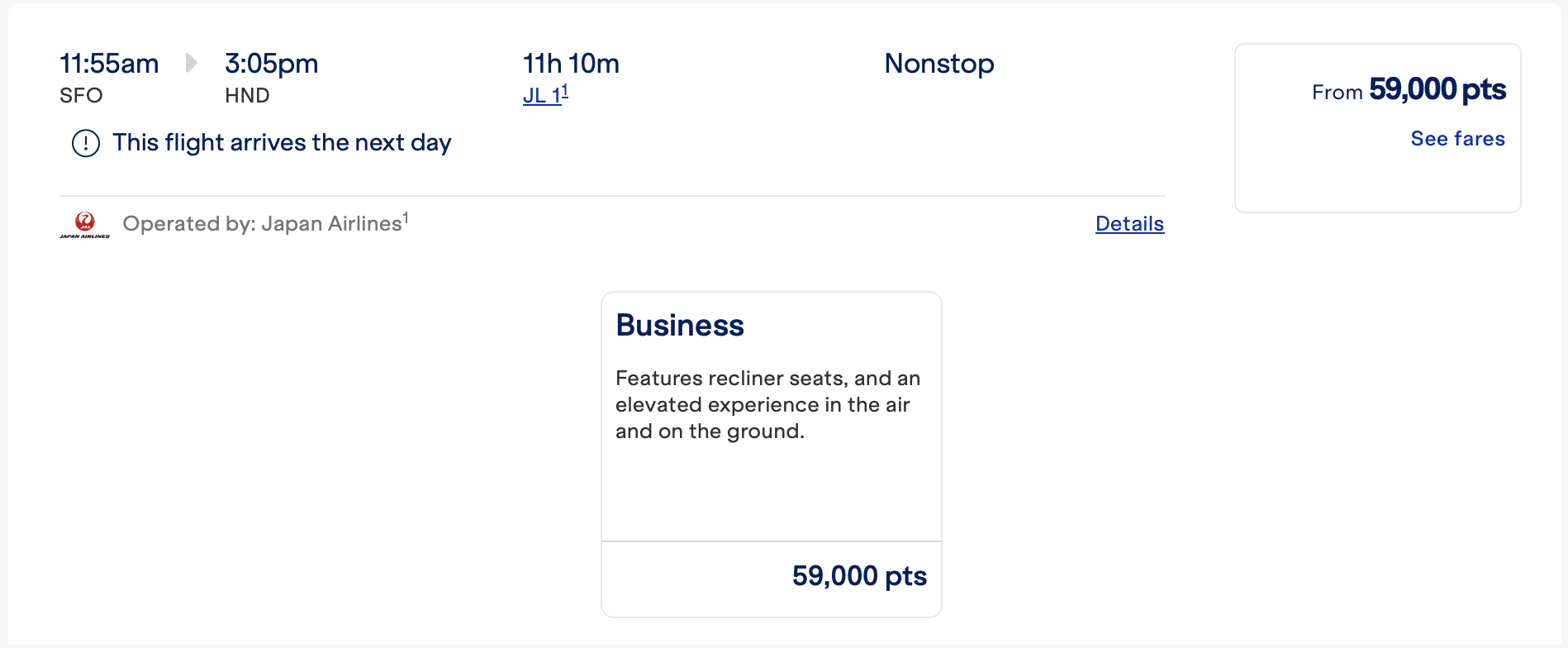 SFO to HND in business class for 59k JetBlue points.