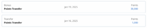 Screenshot from Hyatt's account activity showing points transfer
