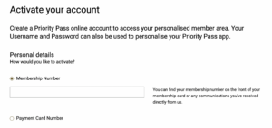 Screenshot of Priority Pass activation page