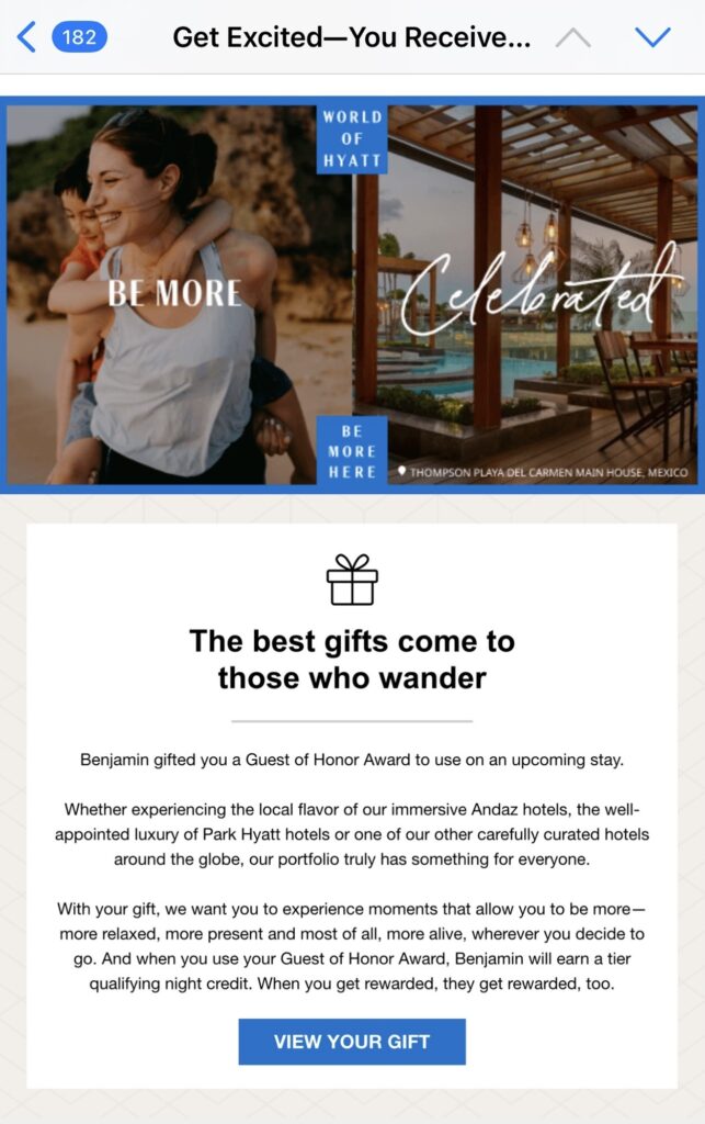 Hyatt's email confirming receipt of Guest of Honor Award