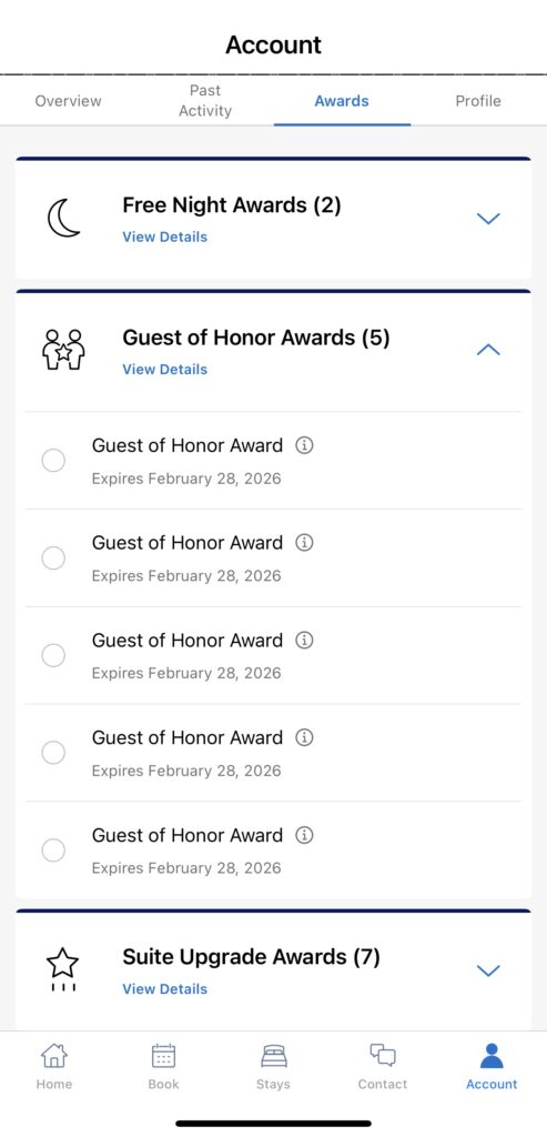 World of Hyatt App showing all awards with expiration dates
