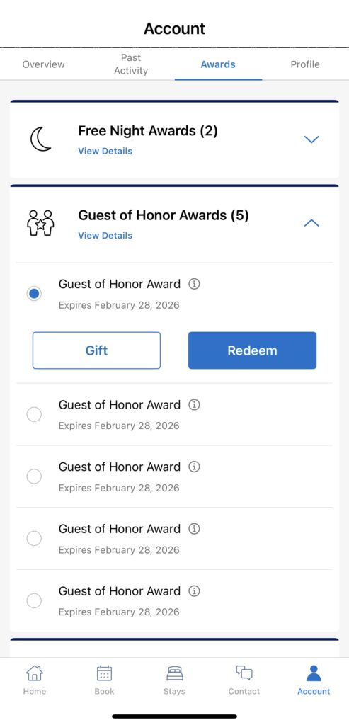 World of Hyatt App showing selection of award for gifting or redemption