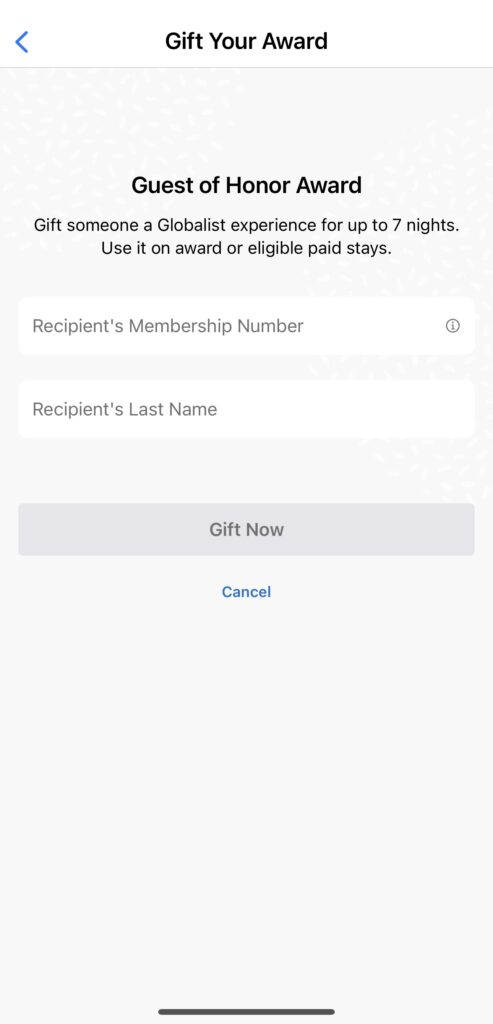 World of Hyatt App with recipient member information for gifting awards