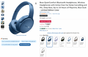 Screenshot of Amazon page for Bose QuietComfort Bluetooth Headphones discounted for Prime Day