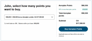 Example of buying Aeroplan points with a 90% bonus