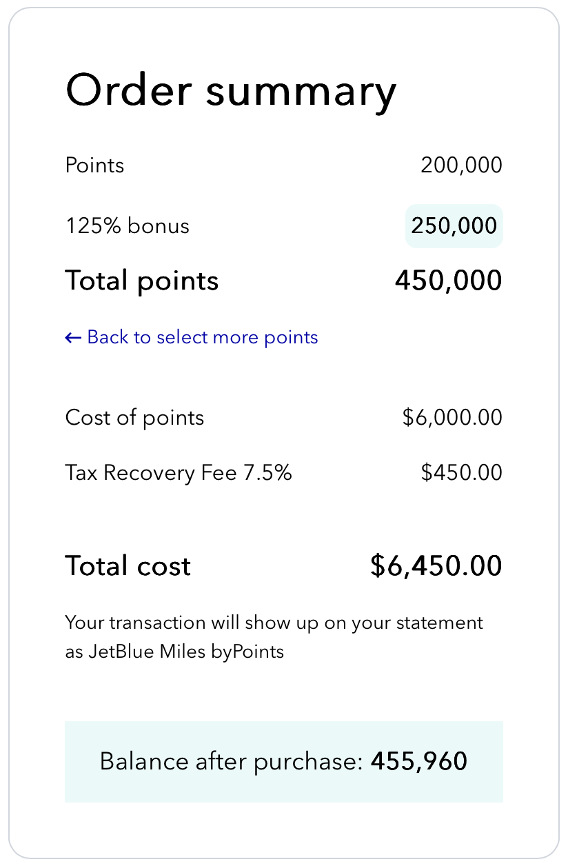 125% JetBlue bonus receipt.