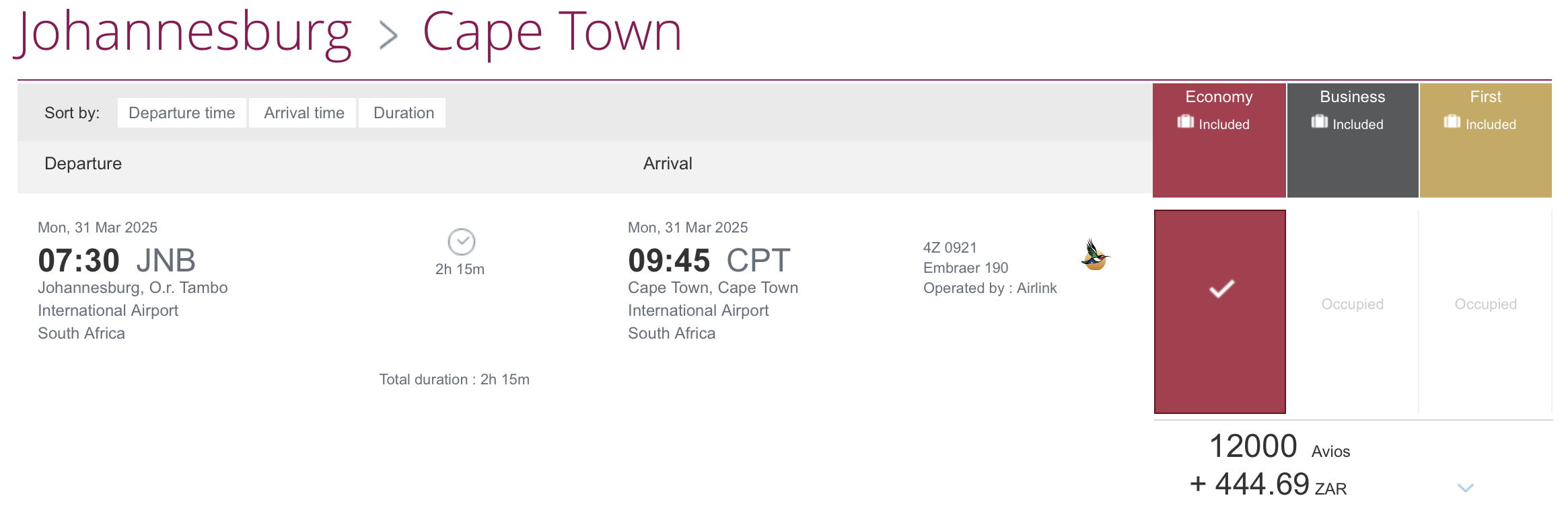 Airlink ticket via Qatar Avios