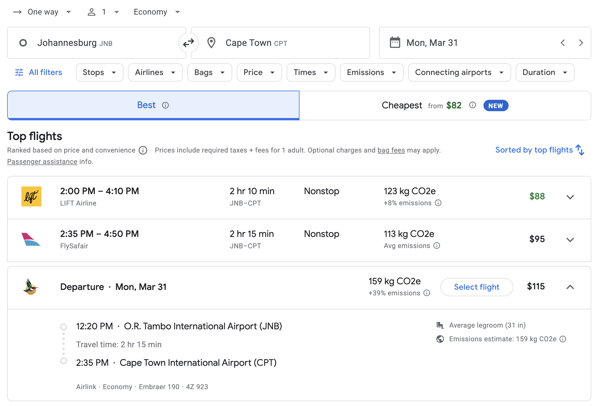 JNB to CPT results via Google Flights