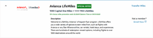 Screenshot of Capital One 15% transfer bonus to Avianca LifeMiles