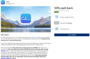 Chase Offer for 50% back on Calm