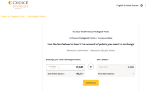 Screenshot showing example transfer of 15,000 Choice points to 3,000 LifeMiles