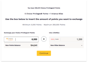 Screenshot of Choice Privileges points transfer to Avianca LifeMiles
