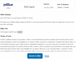 Citi Merchant Offer details for $50 back on JetBlue