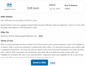 Citi Merchant Offer details for $50 back on Luggage Forward
