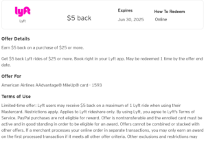 Citi Merchant Offer details for 5% back on Lyft