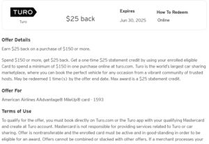 Citi Merchant Offer details for $25 back on Turo