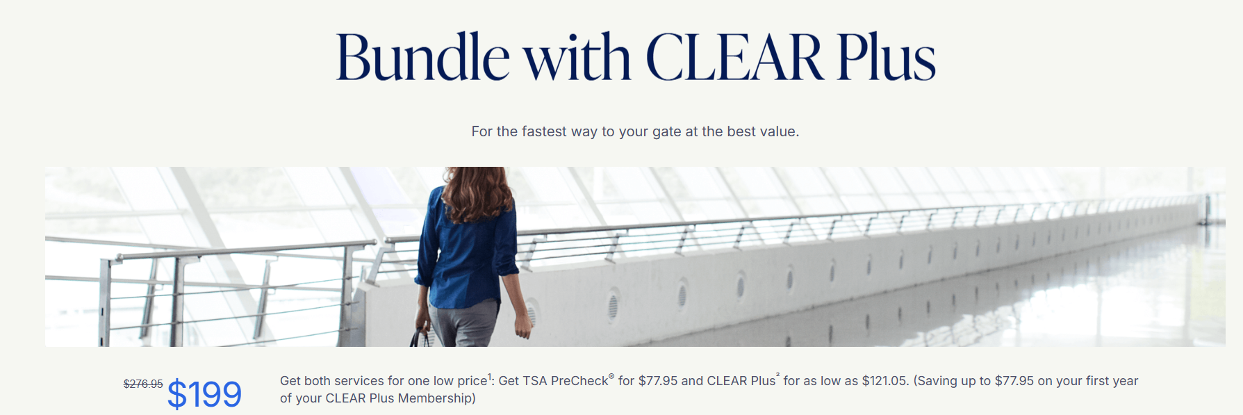 A screen shot shows an offer to sign up for a CLEAR and TSA Precheck bundle