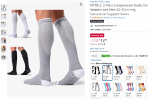Screenshot of Amazon page for a three-pack of compression socks