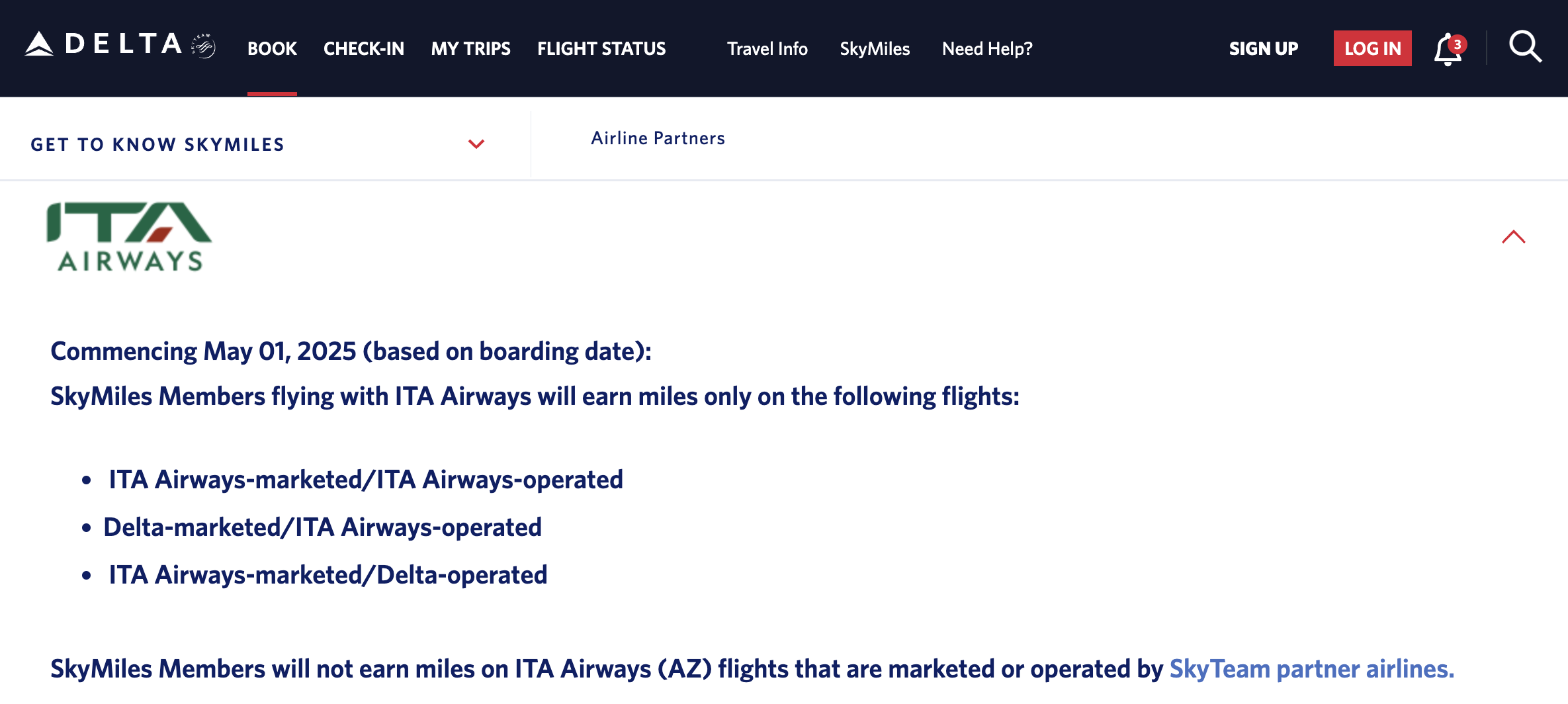 Delta to introduce new earning rates for ITA flights.