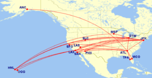 Map of all Delta domestic lay-flat routes for May 2025