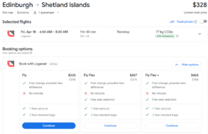 Google Flights price for a Loganair flight from EDI-LSI