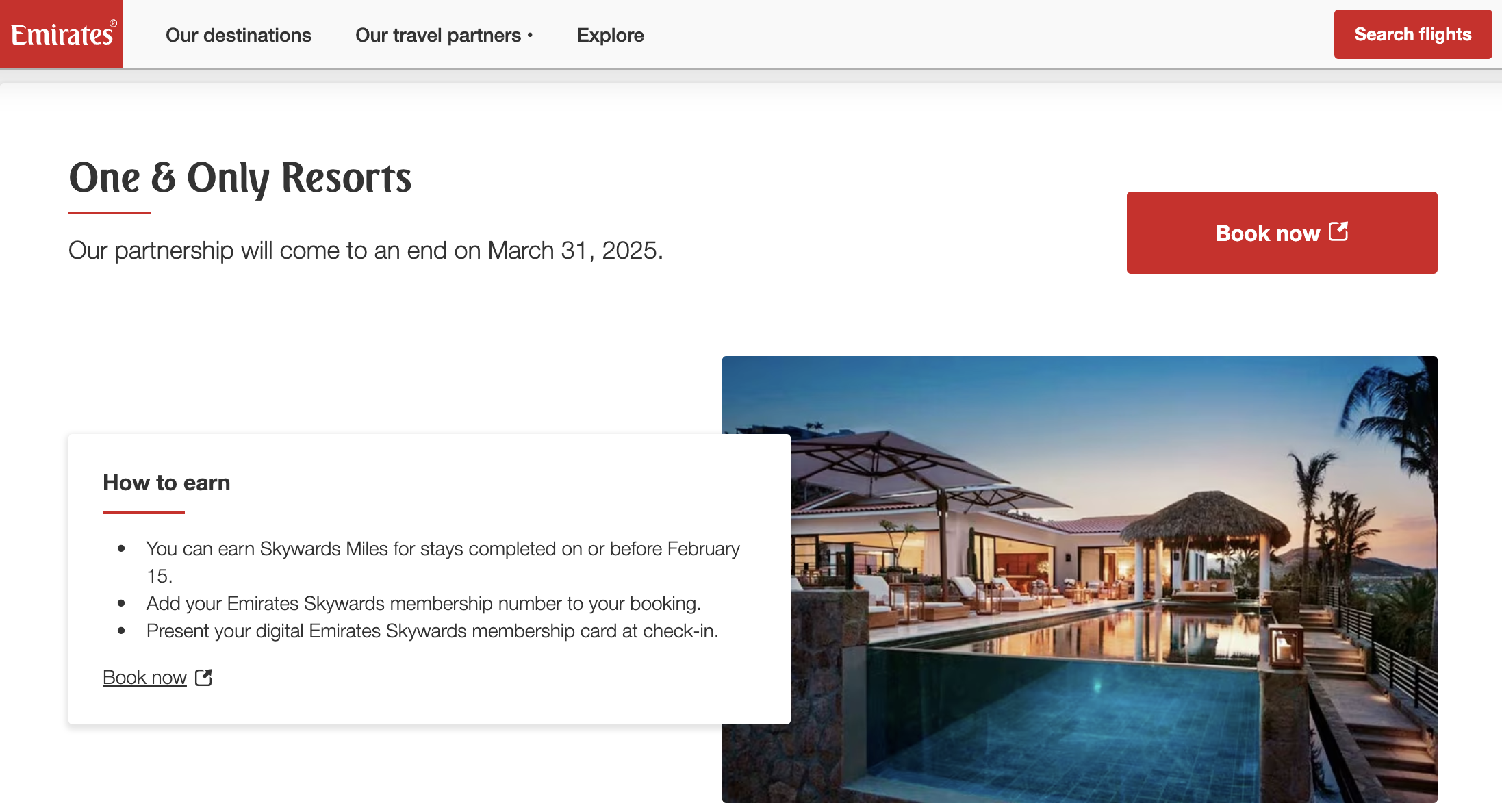 Emirates/One & Only Resorts partnership webpage.
