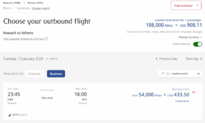 Emirates round-trip business class award from Newark to Athens for 108,000 Skywards miles