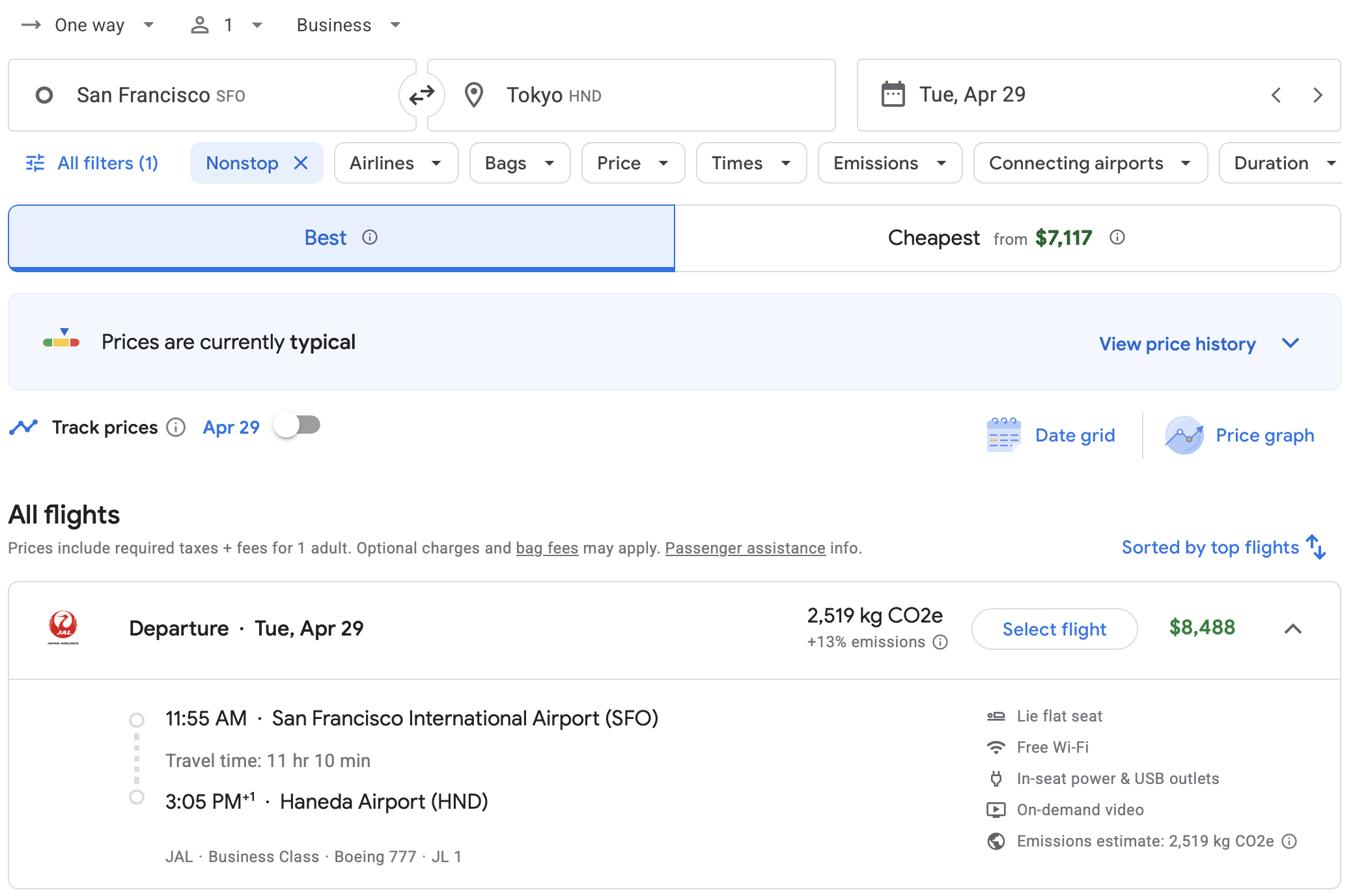 Google Flights results for SFO to HND.