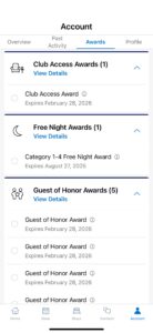 Screenshot of the Hyatt app showing Club Access Award available