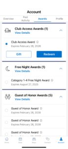 Screenshot of the Hyatt app showing Club Access Award selection